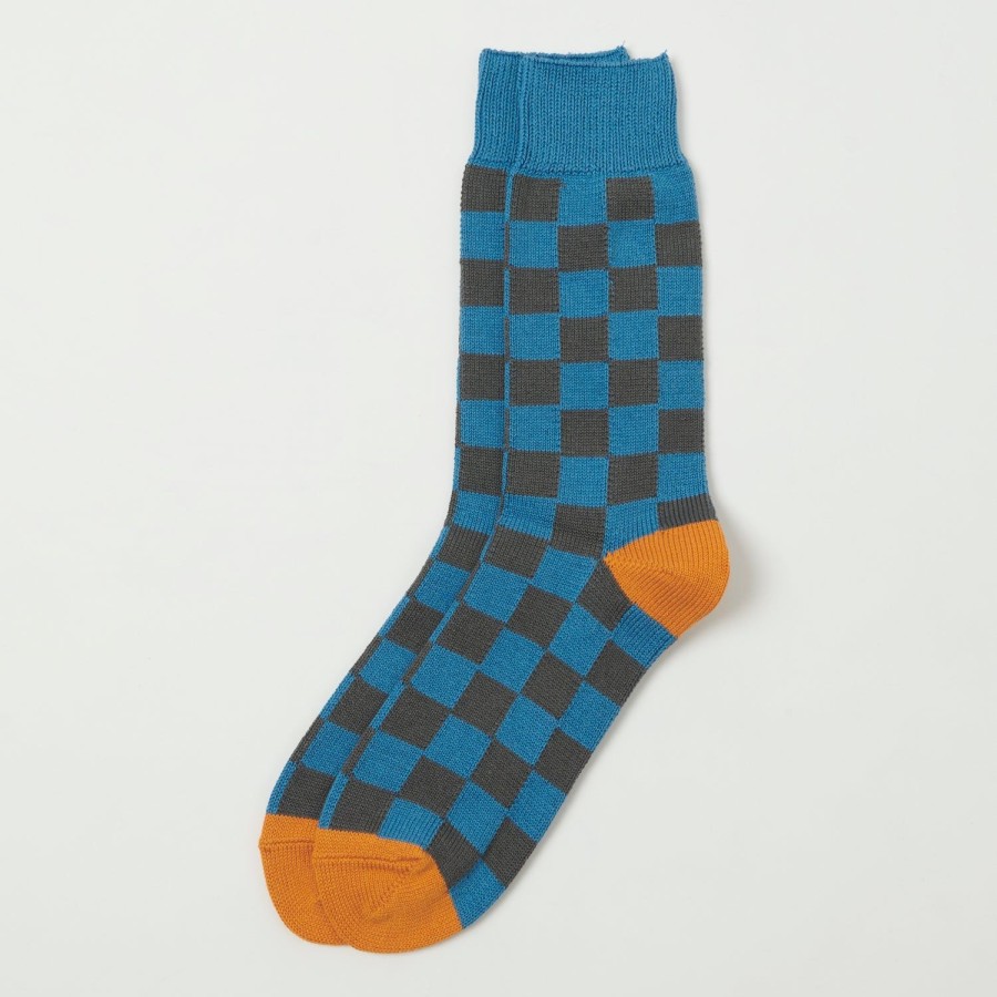 Accessories RoToTo | Rototo Checkerboard Crew Sock - Light Blue/Dark Grey/Light Orange