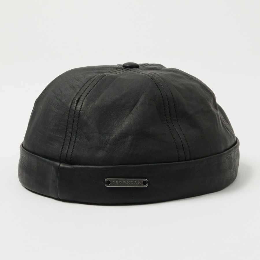 Accessories Crown Cap | Crown Cap 1-011F Leather Beanie Cap - Black