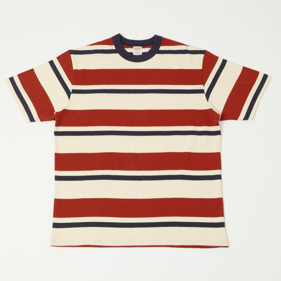 Clothing Freewheelers & Co | Freewheelers 'Power Wear' Random Striped Set-In Tee - Old Navy/Chilli Red/Dry Cream