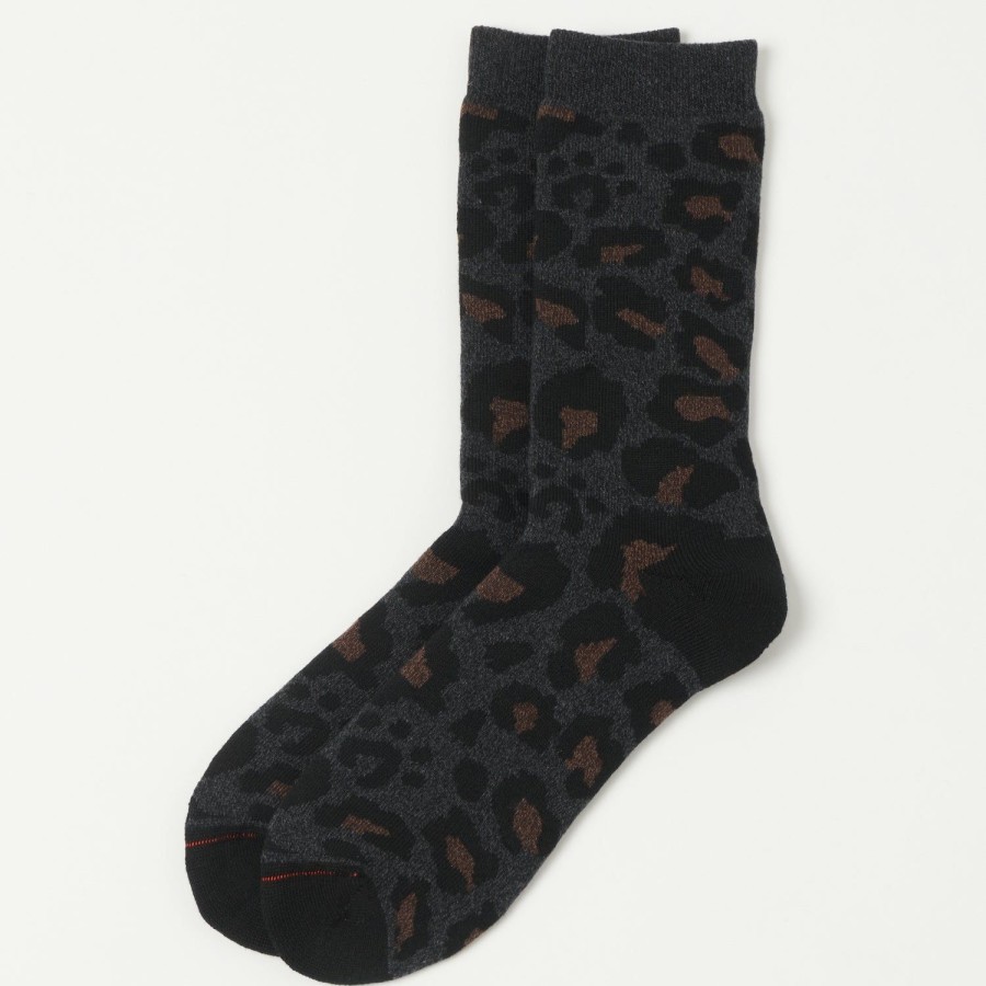 Accessories RoToTo | Rototo Pile Leopard Crew Sock - Charcoal