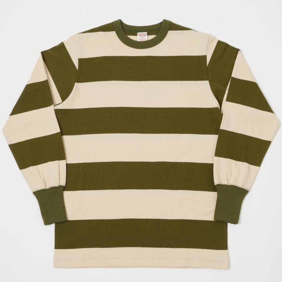 Clothing Freewheelers & Co | Freewheelers 2225015 Horizontal Striped Ls Tee - Olive/Straw Cream