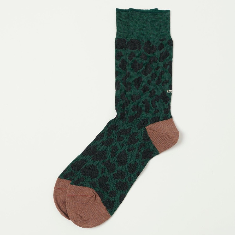 Accessories RoToTo | Rototo Organic Cotton & Recycled Polyester 'Leopard' Crew Sock - Dark Green/Brown