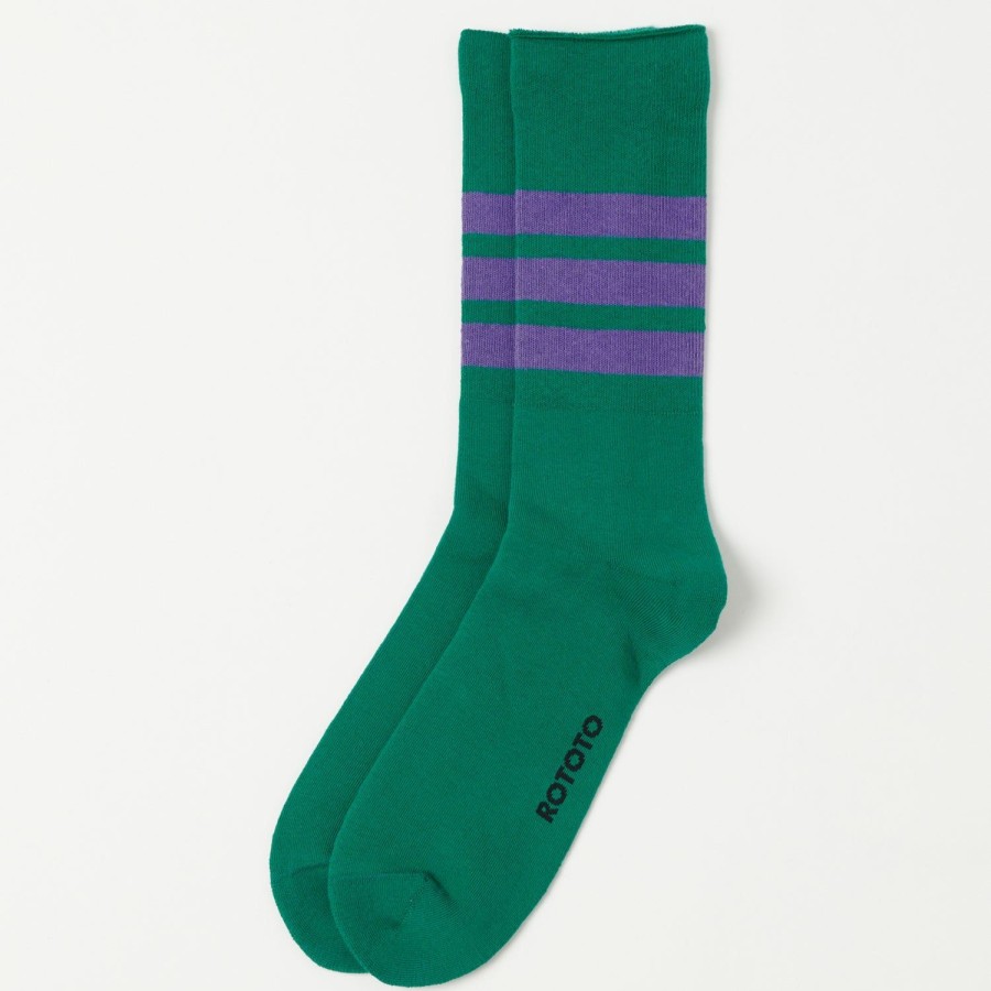 Accessories RoToTo | Rototo Fine Pile Striped Crew Socks - Green/Purple