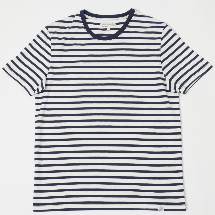 Clothing Merz b. Schwanen | Merz B. Schwanen Cts03 Stripe Crew Neck Tee - White/Denim Blue