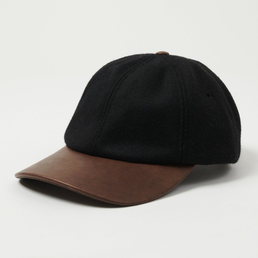 Accessories Crown Cap | Crown Cap Melton Ball Cap - Black/Brown Leather