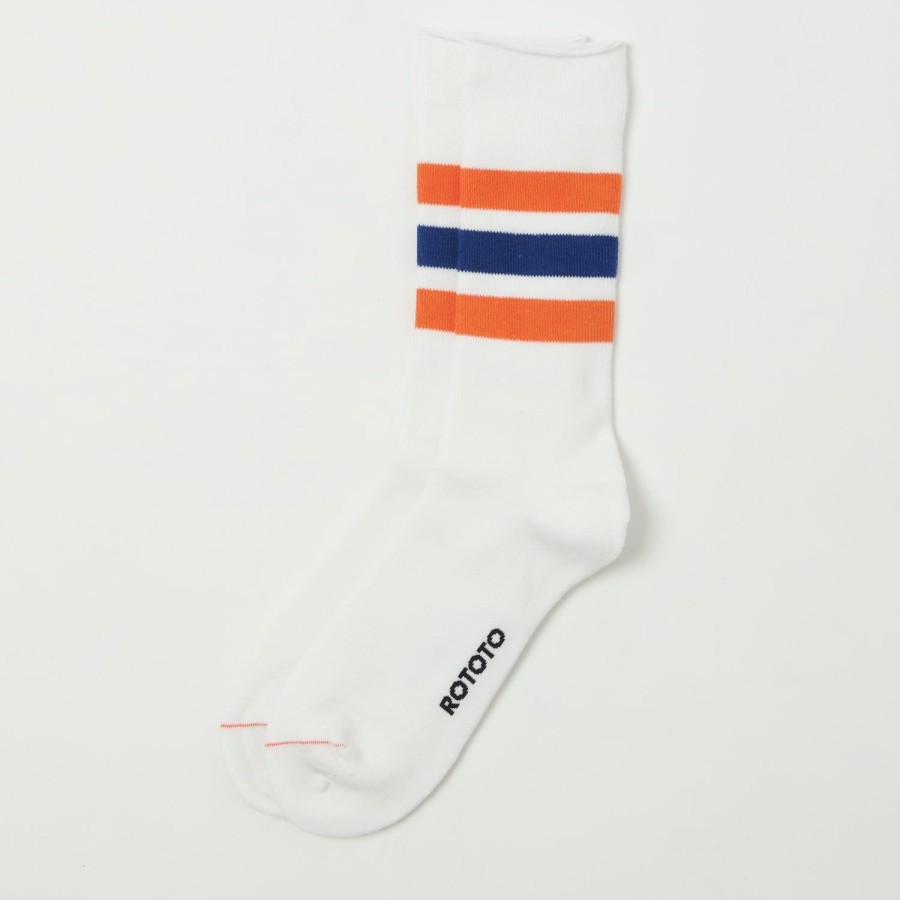 Accessories RoToTo | Rototo Fine Pile Striped Crew Sock - White/Orange/Dark Blue