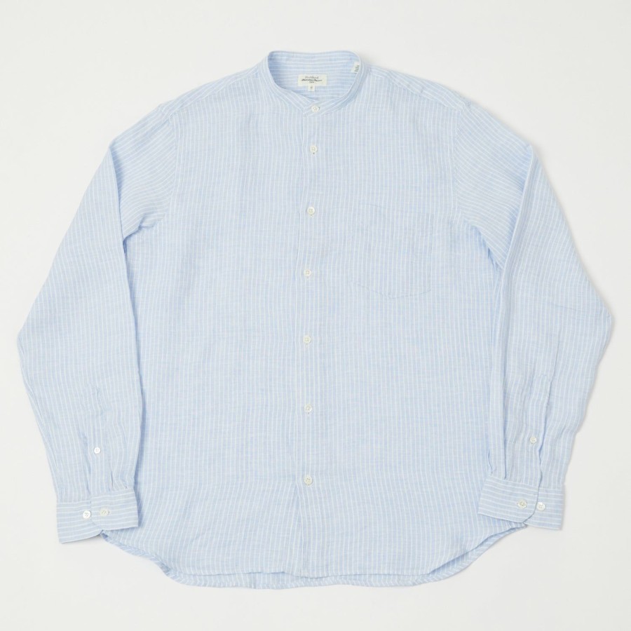 Clothing Hartford | Hartford Premium Pat Grandad-Collar Linen Shirt - Blue Stripe