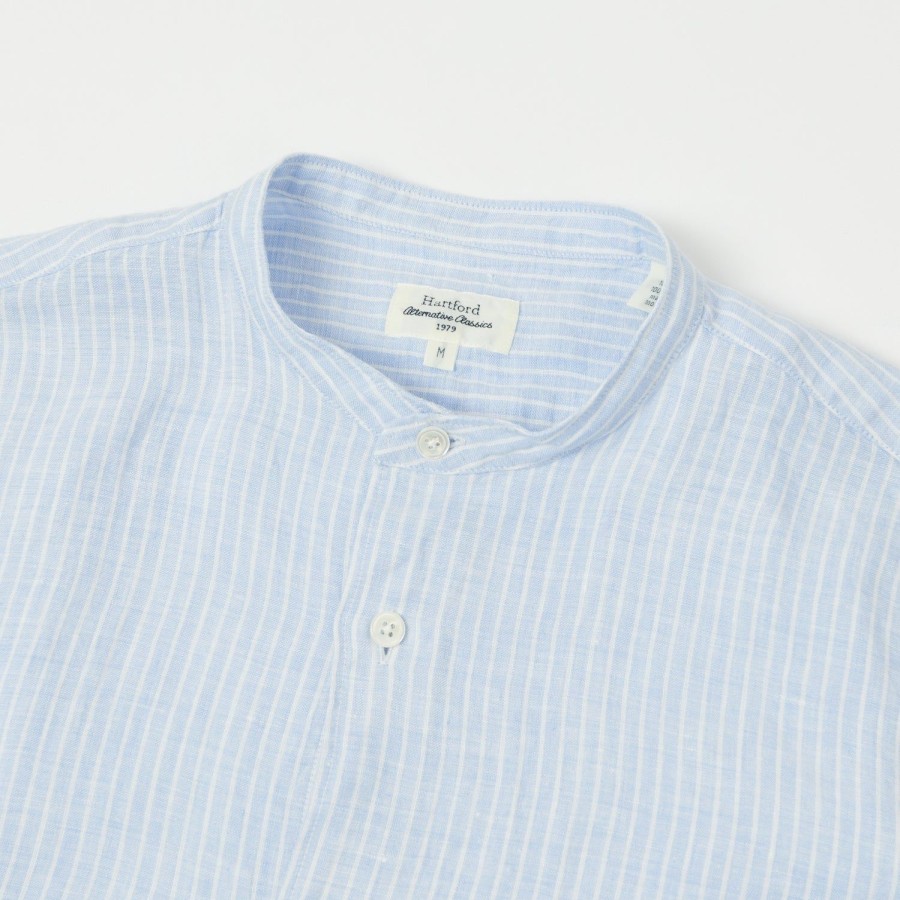 Clothing Hartford | Hartford Premium Pat Grandad-Collar Linen Shirt - Blue Stripe