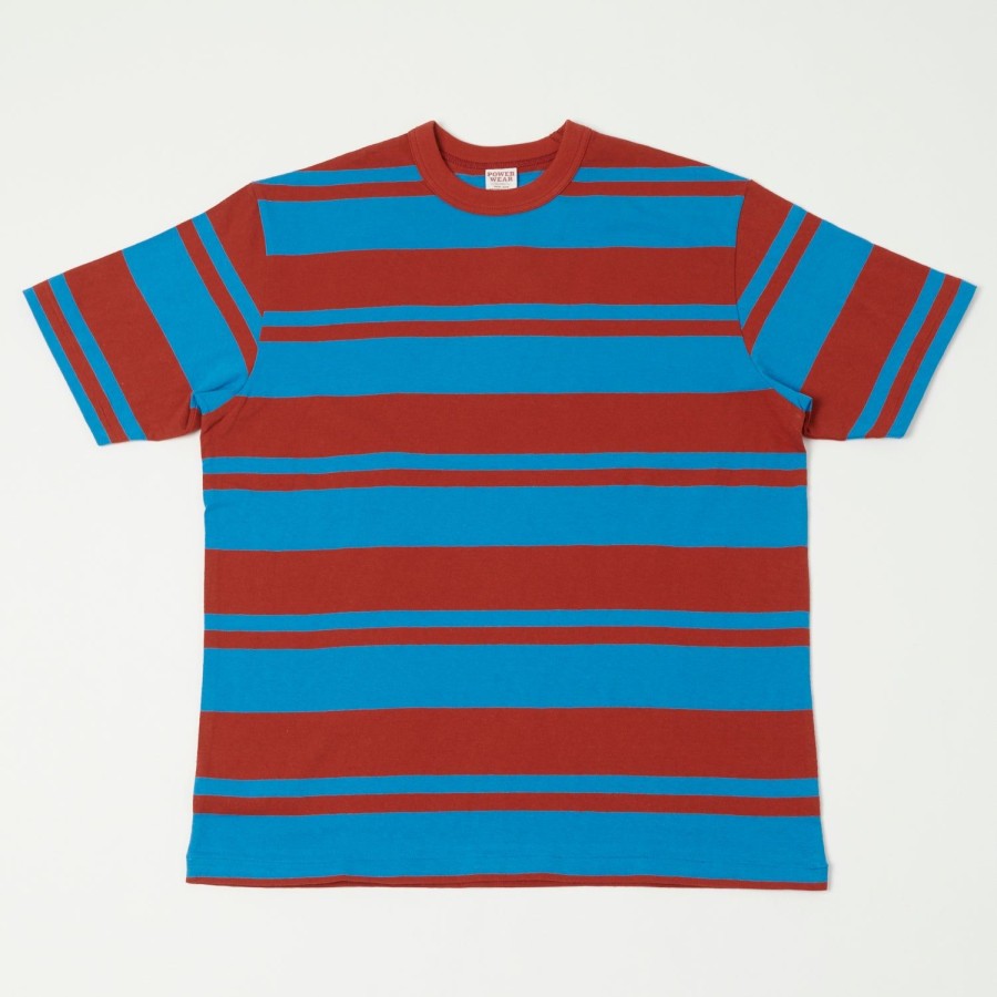 Clothing Freewheelers & Co | Freewheelers 'Power Wear' Random Striped Set-In Tee - Chilli Red/Sax