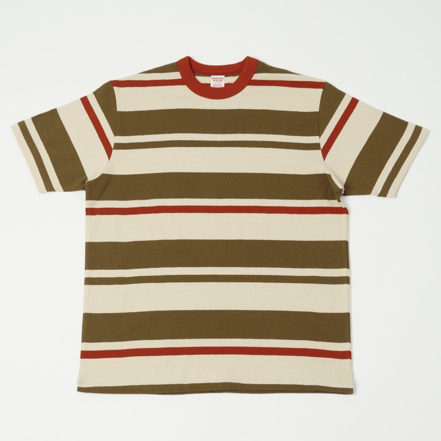 Clothing Freewheelers & Co | Freewheelers 'Power Wear' Random Striped Set-In Tee - Chilli Red/Grey Khaki/Straw Cream