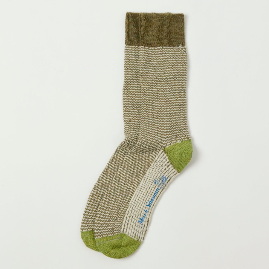 Accessories Merz b. Schwanen | Merz B. Schwanen S78 Fine Striped Wool Sock - Army/Nature