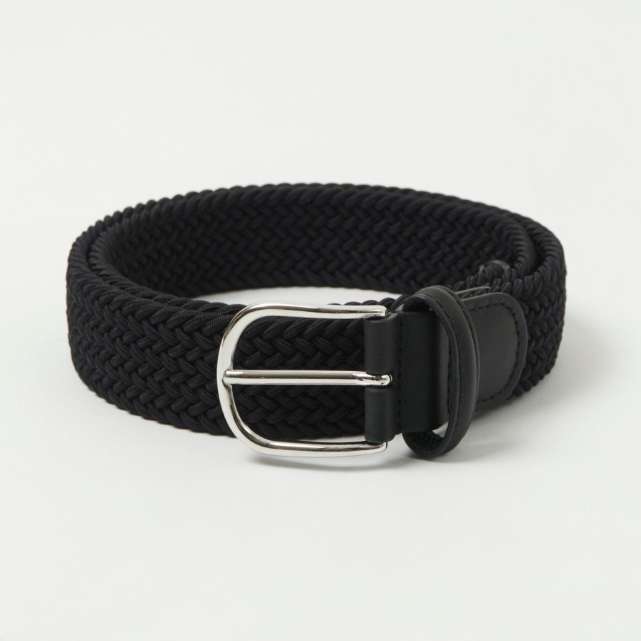 Accessories Anderson's | Anderson'S 3.5Cm Leather-Trimmed Elastic Woven Belt - Black