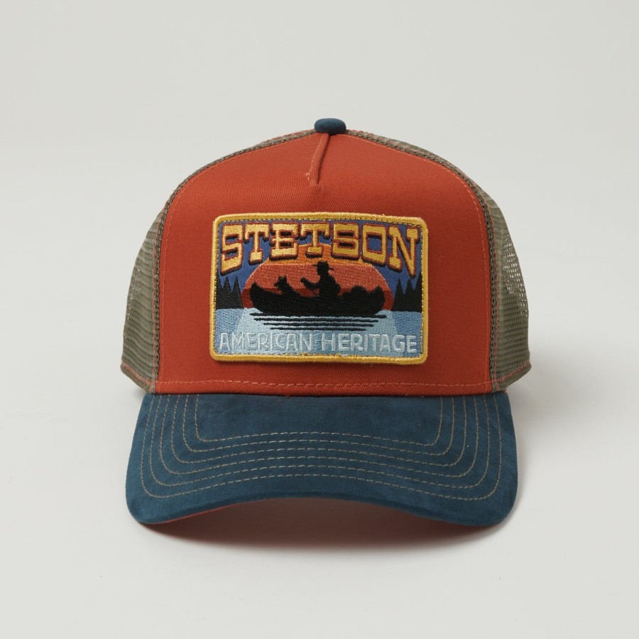 Accessories Stetson | Stetson 'Canoe' Trucker Cap - Rust/Blue/Grey