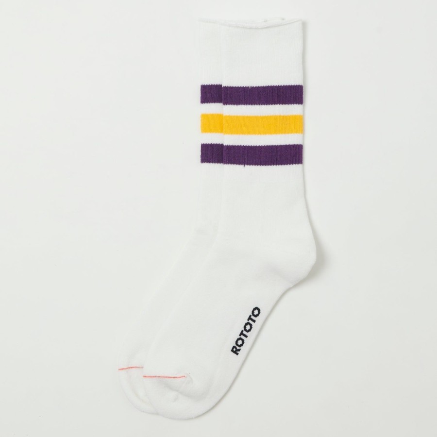 Accessories RoToTo | Rototo Fine Pile Striped Crew Sock - White/Purple/Yellow