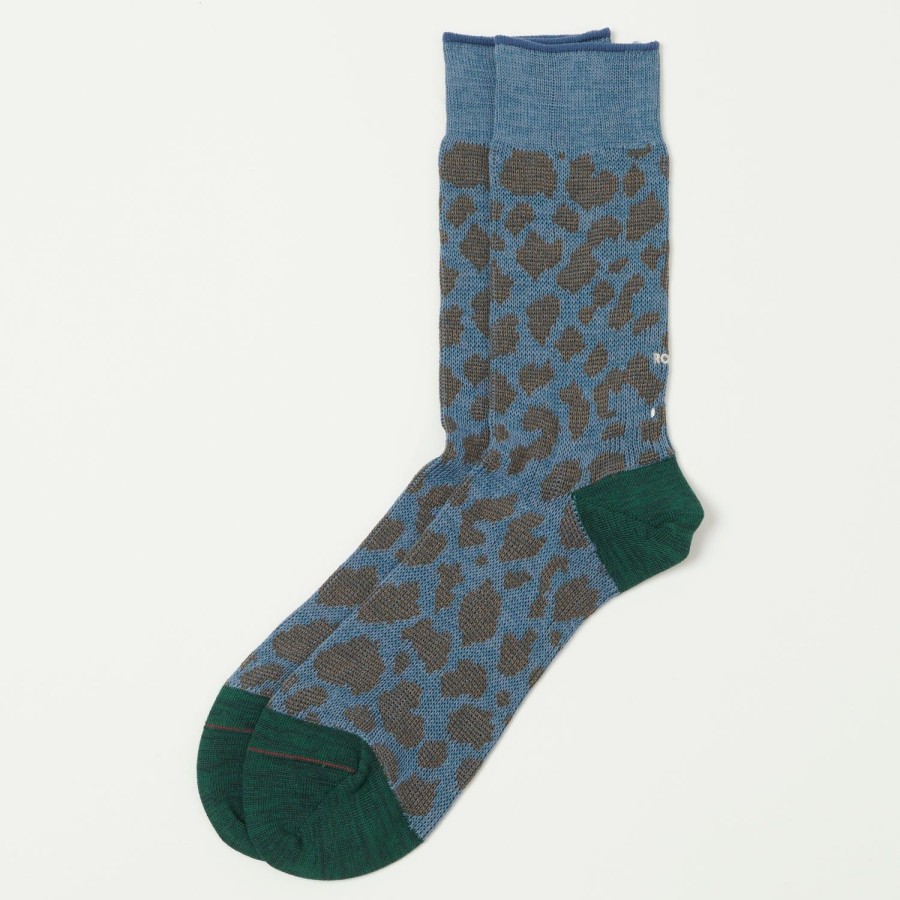 Accessories RoToTo | Rototo Organic Cotton & Recycled Polyester 'Leopard' Crew Sock - Light Blue/Dark Green