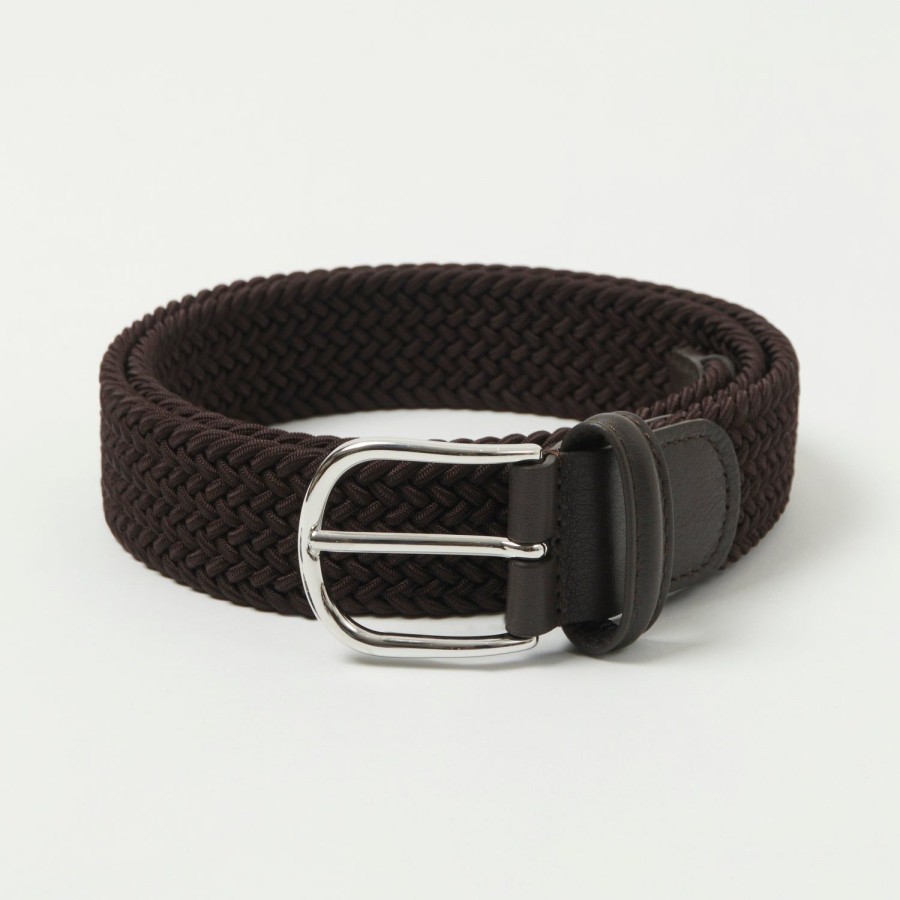 Accessories Anderson's | Anderson'S 3.5Cm Leather-Trimmed Elastic Woven Belt - Chocolate