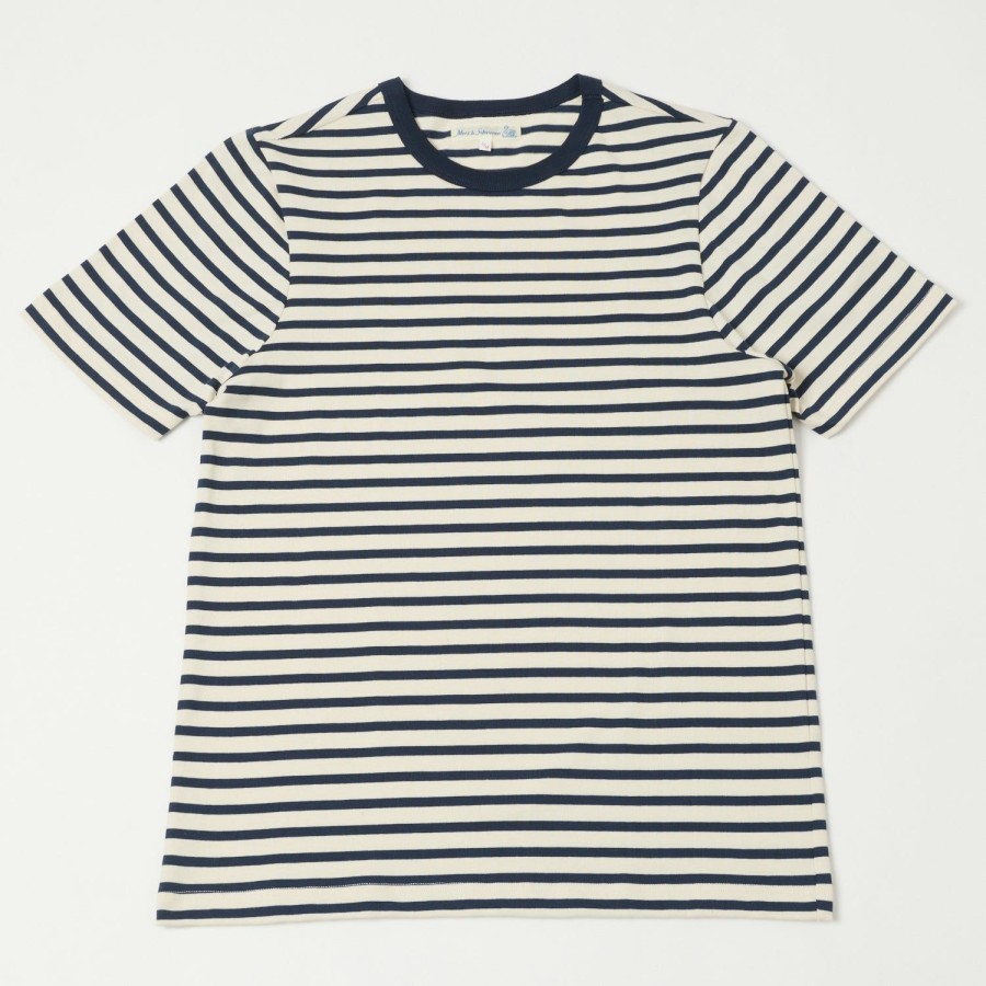 Clothing Merz b. Schwanen | Merz B. Schwanen 2M14 Classic Crew Neck Stripe Tee - Ink/Nature