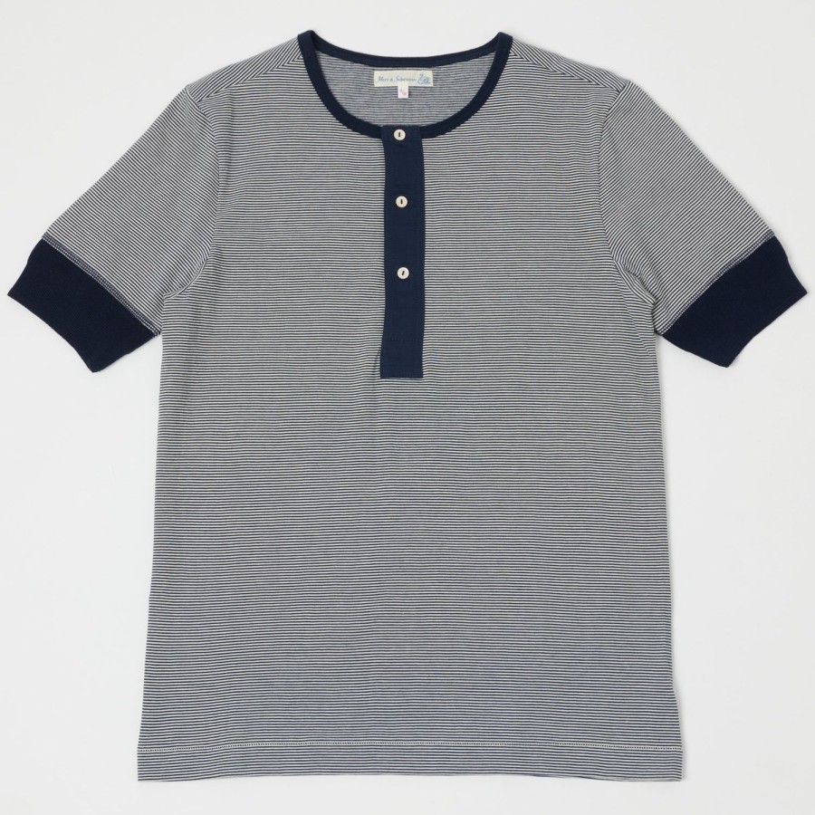 Clothing Merz b. Schwanen | Merz B. Schwanen 227 Short Sleeve Henley - Ink Blue/Nature