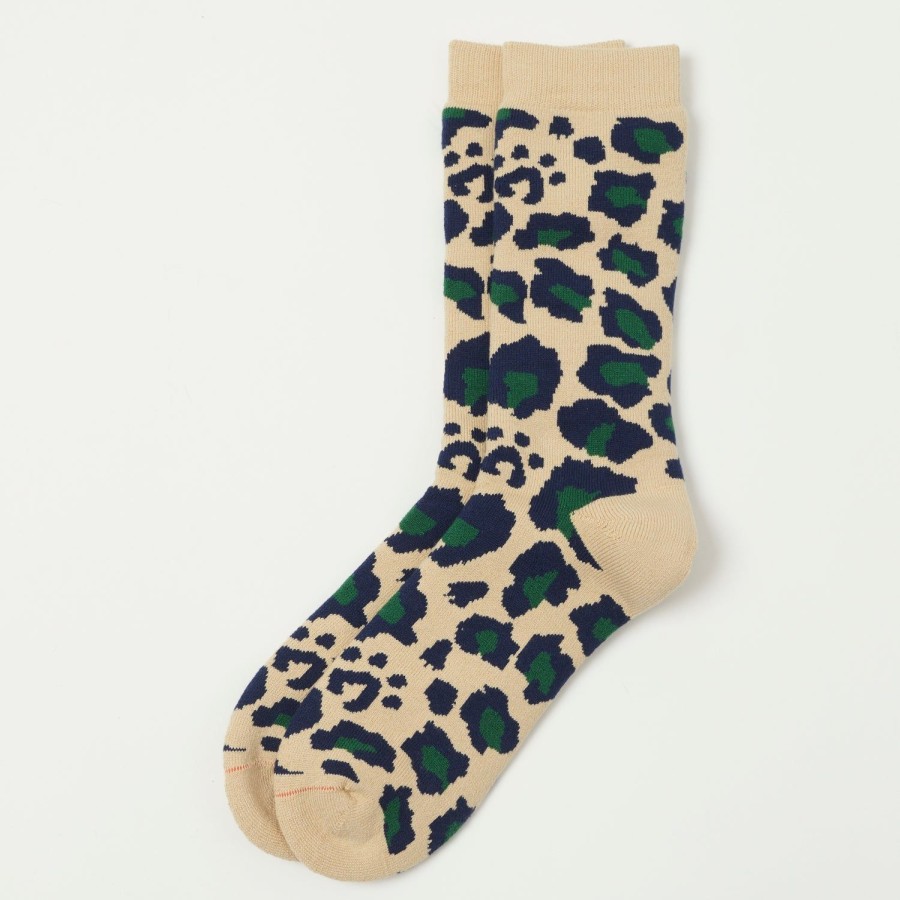 Accessories RoToTo | Rototo Pile Leopard Crew Sock - Navy/Green