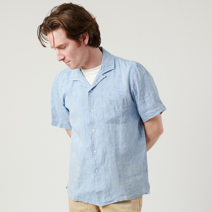 Clothing Hartford | Hartford 'Palm' Camp Collar Linen Shirt - Sky