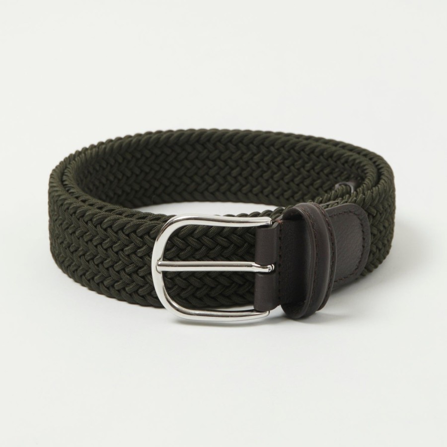 Accessories Anderson's | Anderson'S 3.5Cm Leather-Trimmed Elastic Woven Belt - Forest