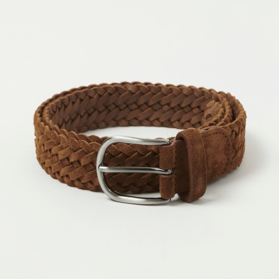 Accessories Anderson's | Anderson'S Suede Leather 3.5Cm Woven Belt - Chocolate